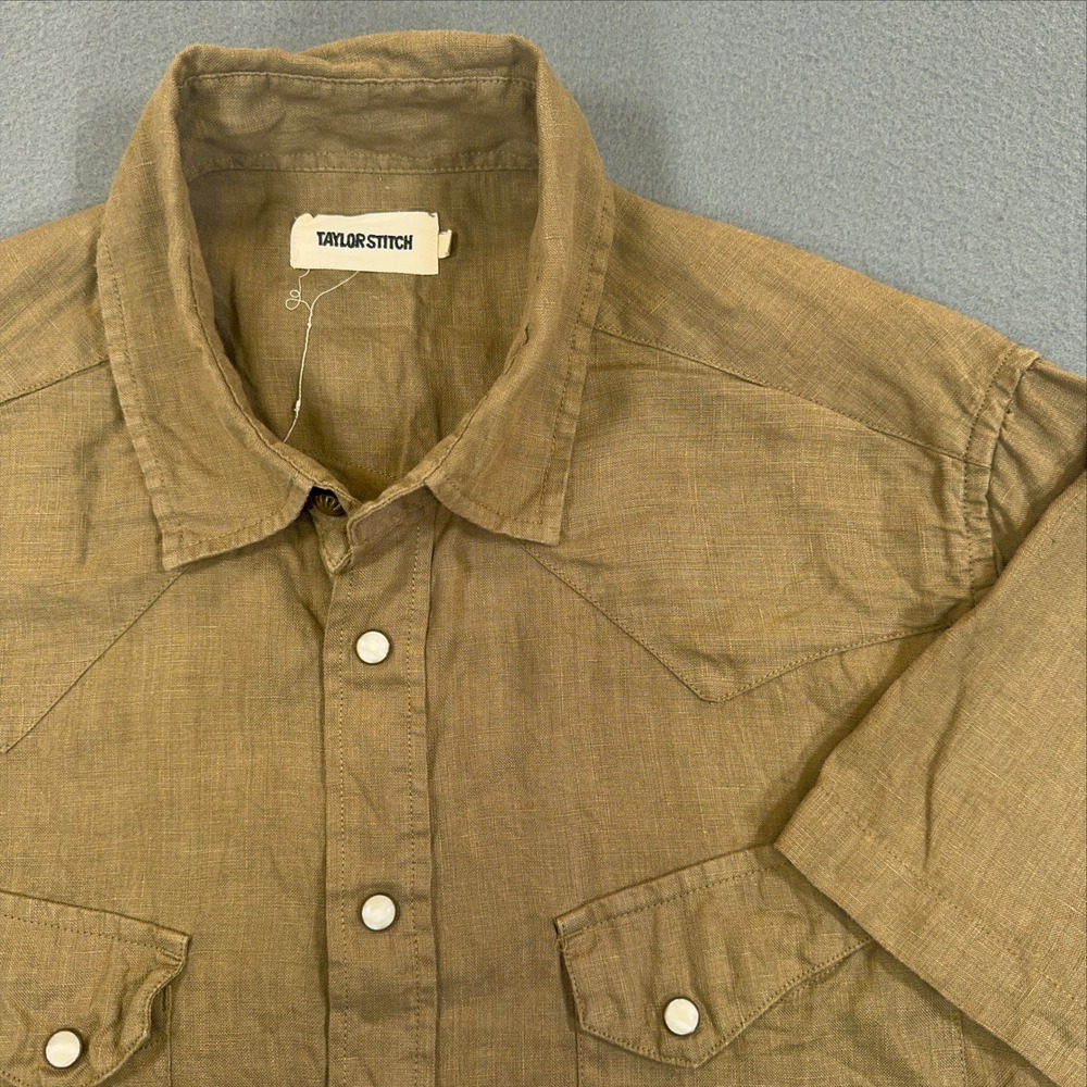 Taylor Stitch Mens 42  100% Linen Short Sleeve Western Snap Shirt Olive